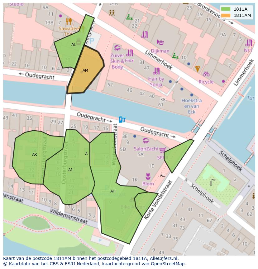 Afbeelding van het postcodegebied 1811 AM op de kaart.
