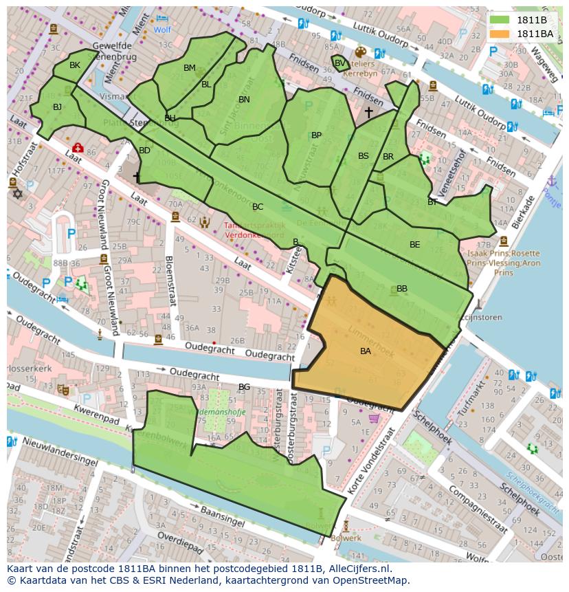 Afbeelding van het postcodegebied 1811 BA op de kaart.