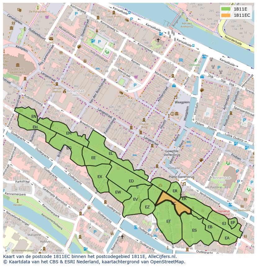 Afbeelding van het postcodegebied 1811 EC op de kaart.