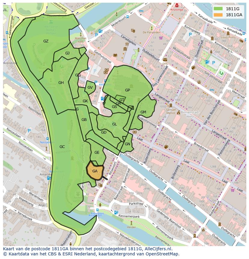Afbeelding van het postcodegebied 1811 GA op de kaart.