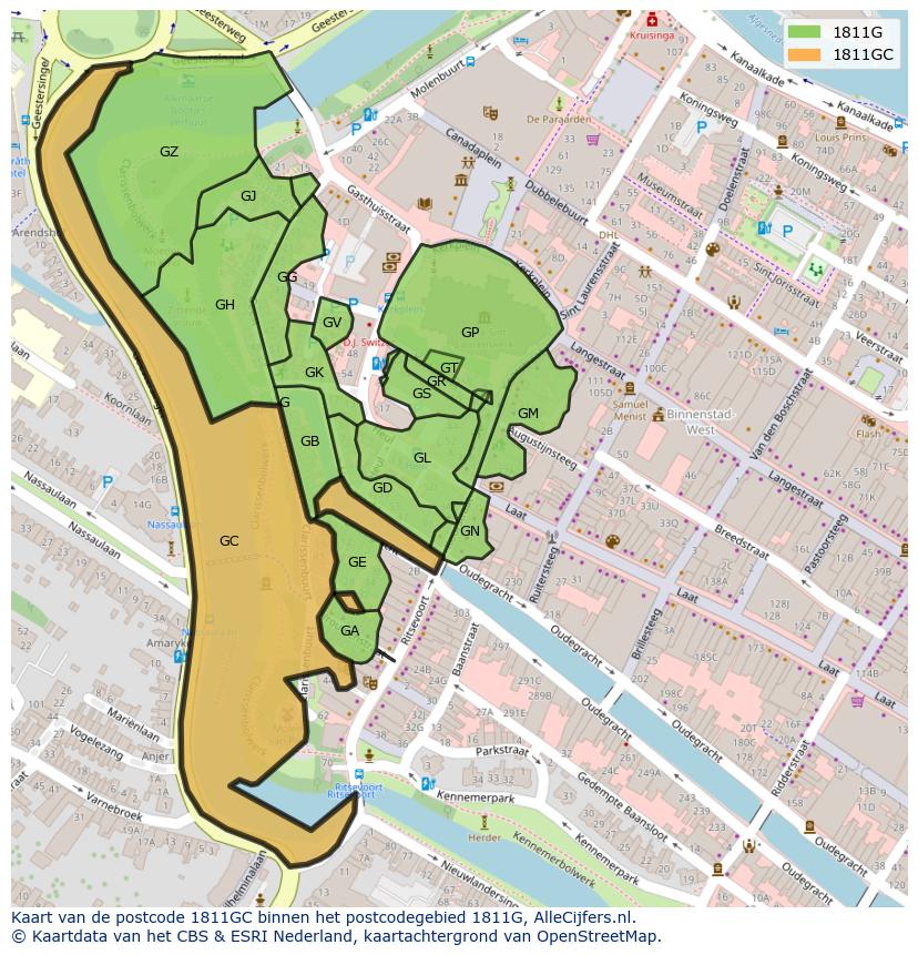 Afbeelding van het postcodegebied 1811 GC op de kaart.