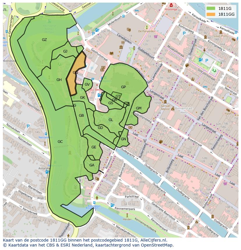 Afbeelding van het postcodegebied 1811 GG op de kaart.