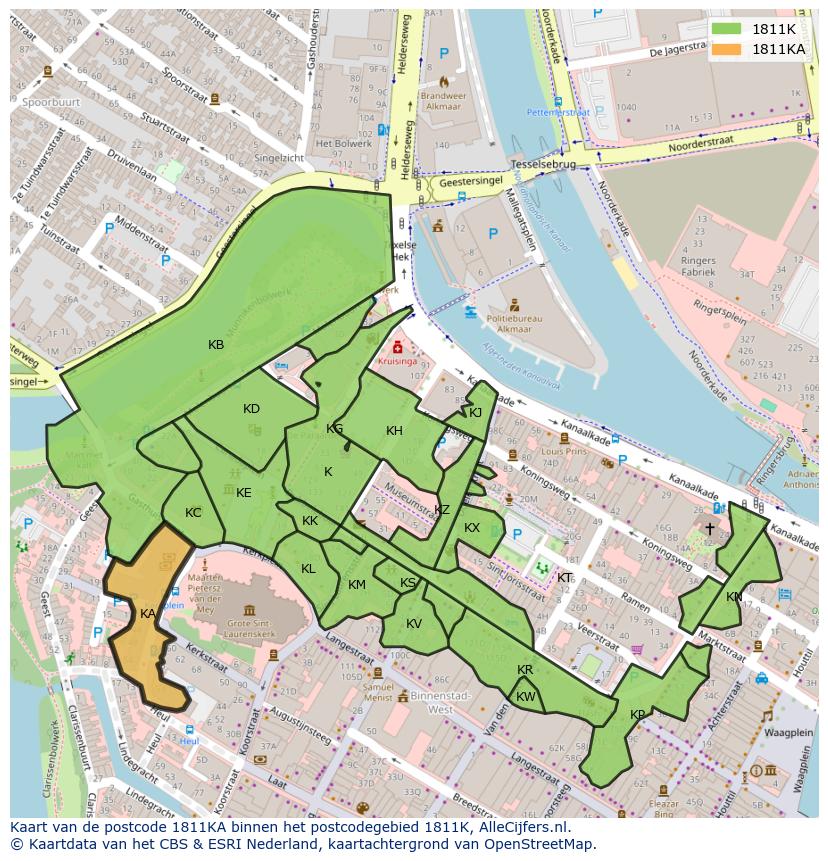 Afbeelding van het postcodegebied 1811 KA op de kaart.