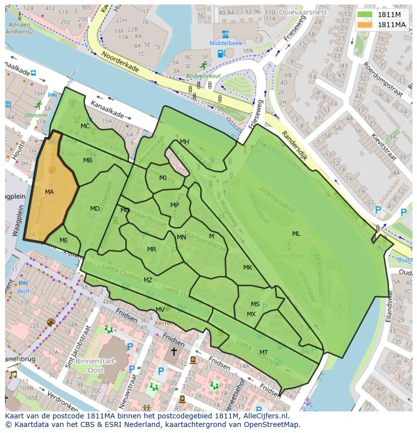Afbeelding van het postcodegebied 1811 MA op de kaart.