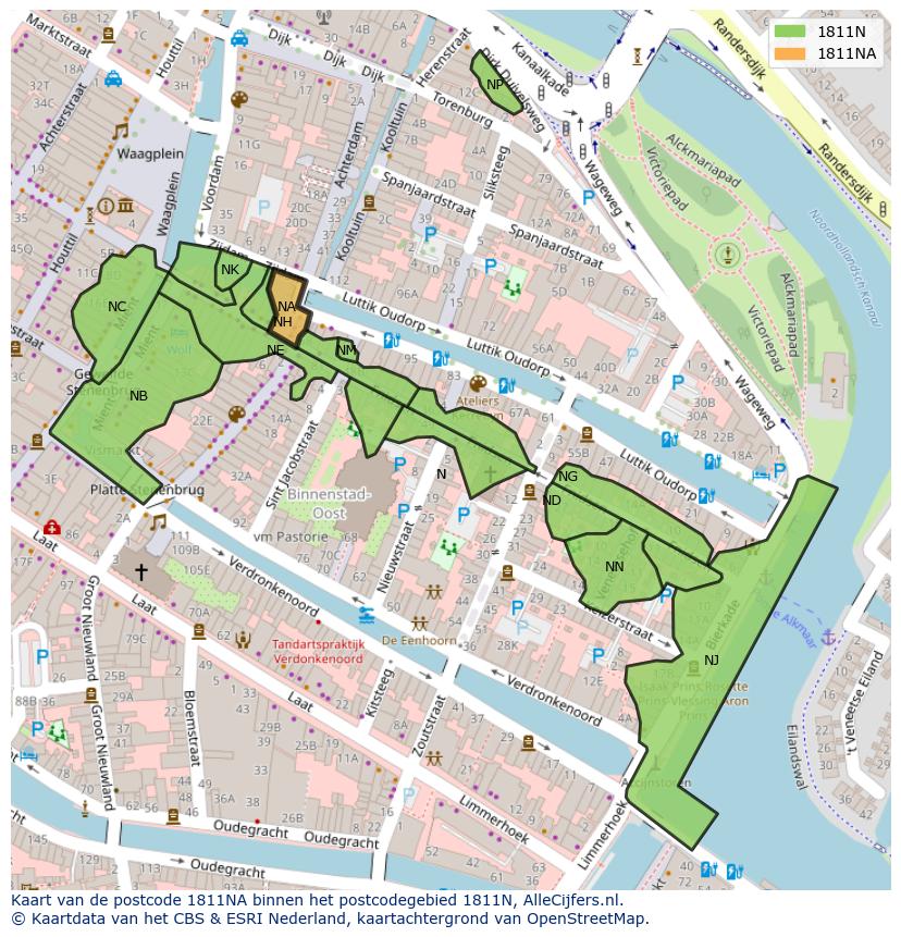 Afbeelding van het postcodegebied 1811 NA op de kaart.