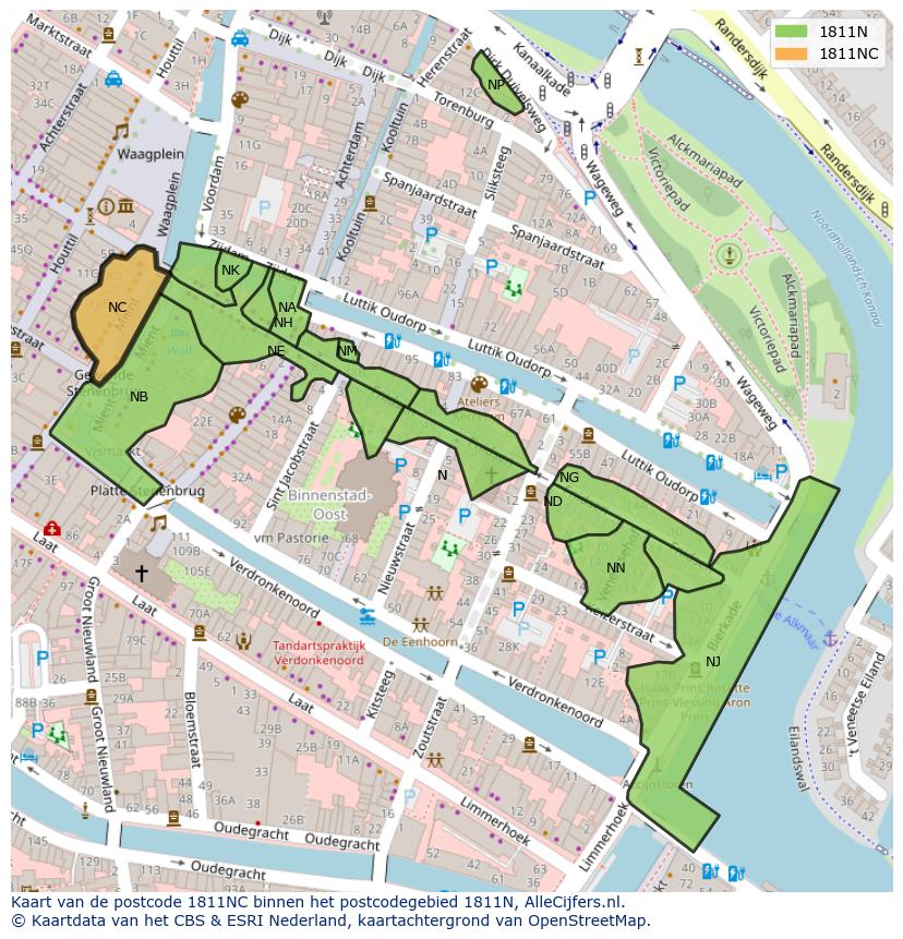 Afbeelding van het postcodegebied 1811 NC op de kaart.