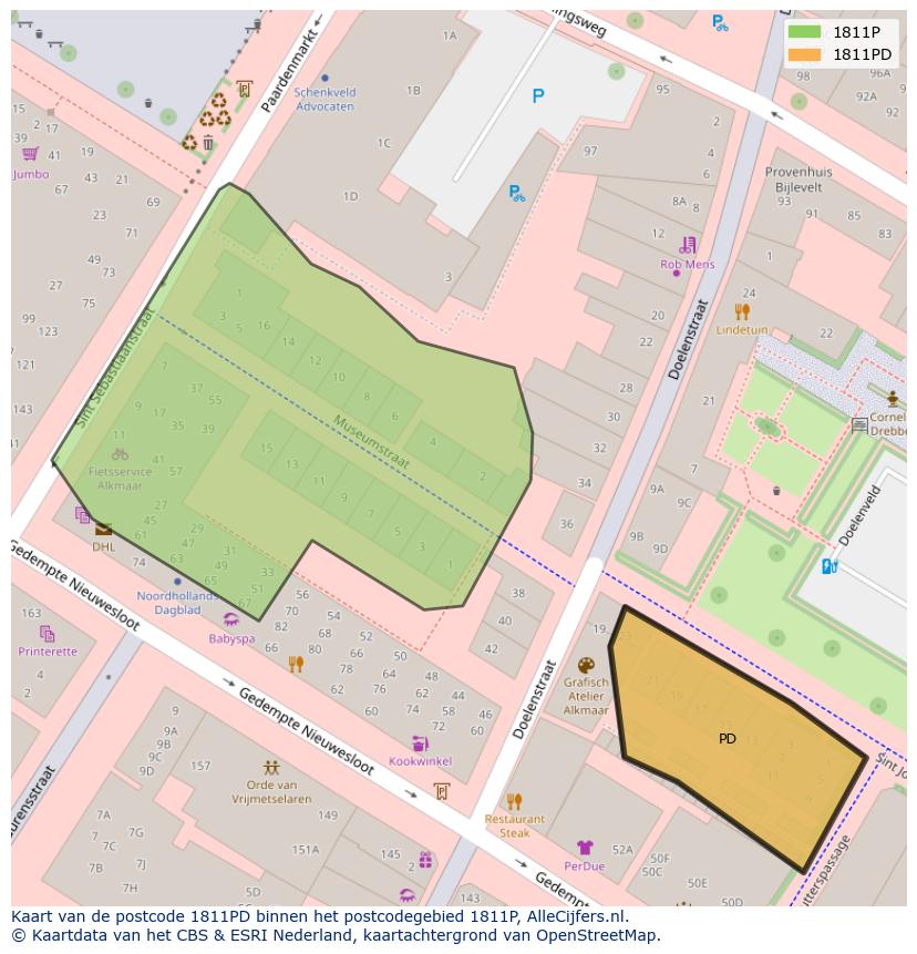 Afbeelding van het postcodegebied 1811 PD op de kaart.