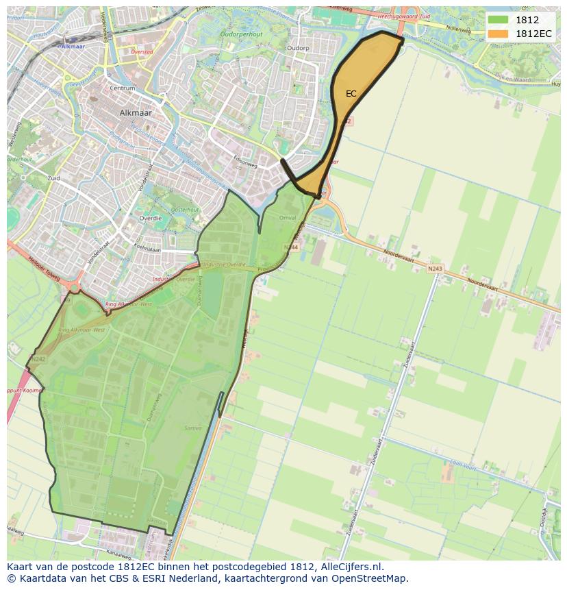 Afbeelding van het postcodegebied 1812 EC op de kaart.