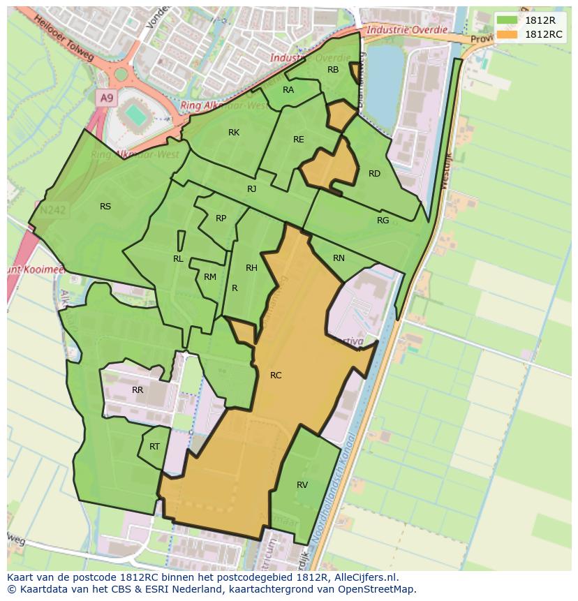 Afbeelding van het postcodegebied 1812 RC op de kaart.