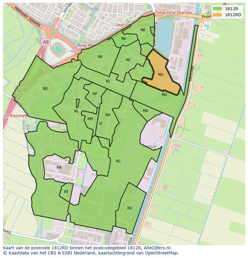 Afbeelding van het postcodegebied 1812 RD op de kaart.