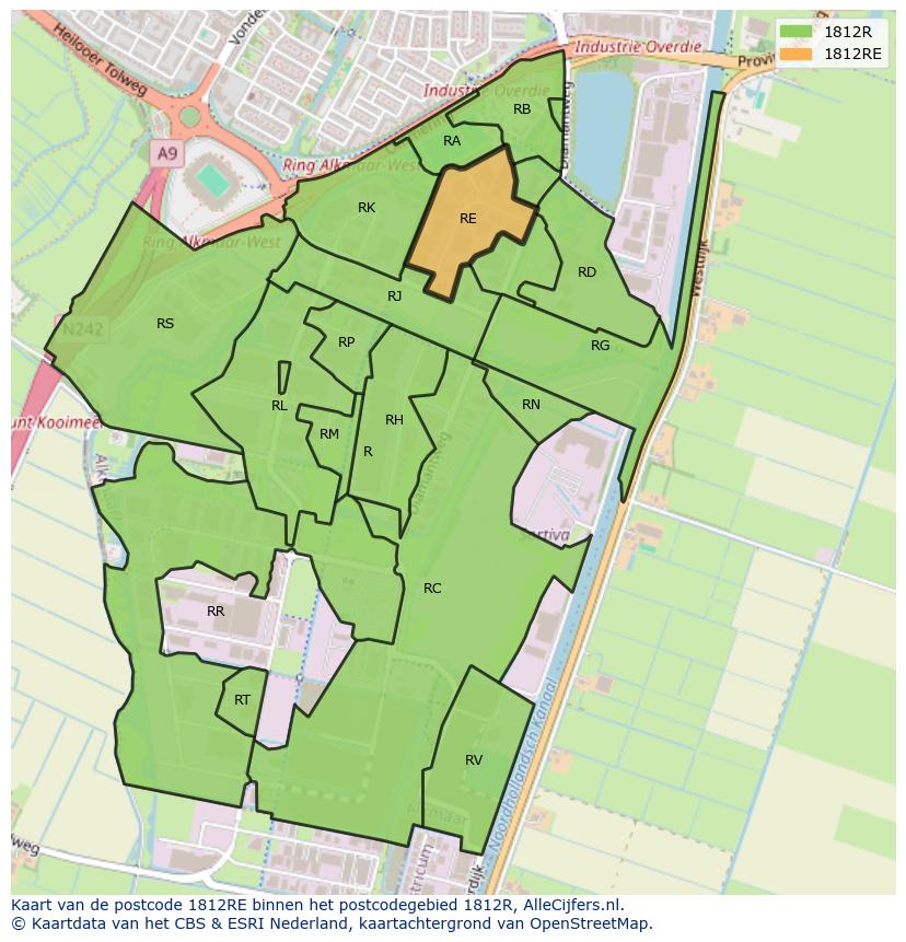 Afbeelding van het postcodegebied 1812 RE op de kaart.