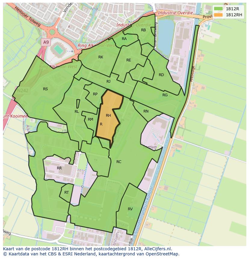 Afbeelding van het postcodegebied 1812 RH op de kaart.