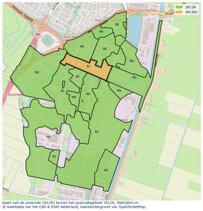 Afbeelding van het postcodegebied 1812 RJ op de kaart.