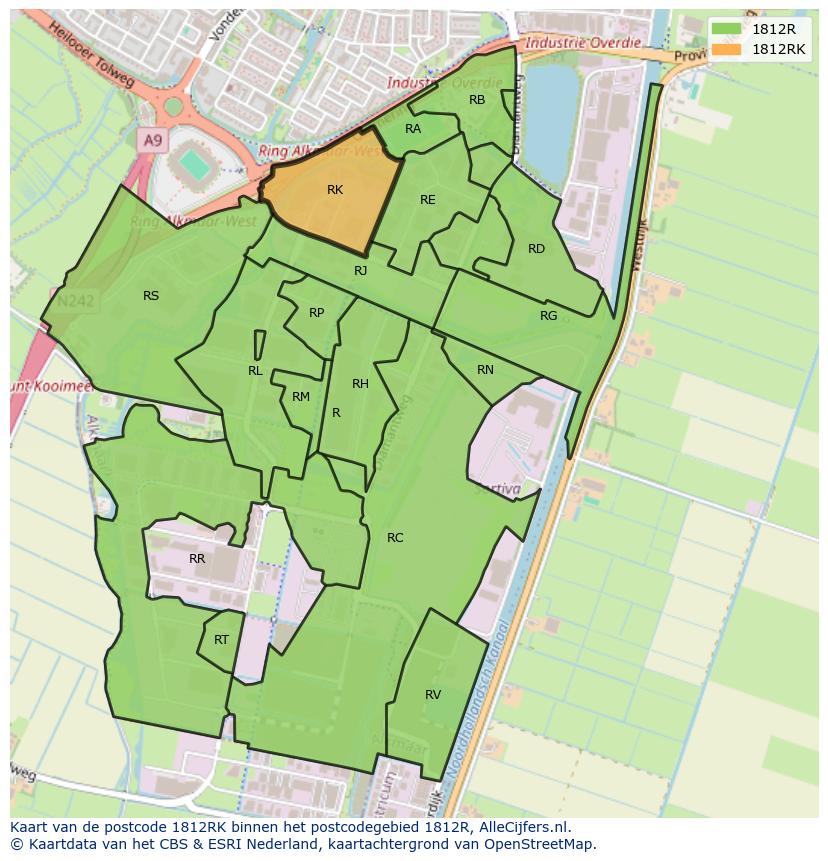 Afbeelding van het postcodegebied 1812 RK op de kaart.