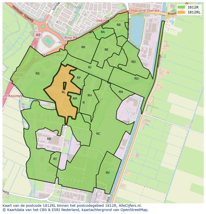 Afbeelding van het postcodegebied 1812 RL op de kaart.