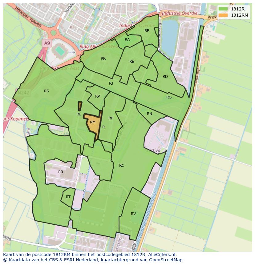 Afbeelding van het postcodegebied 1812 RM op de kaart.