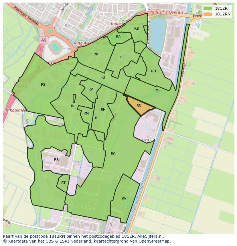 Afbeelding van het postcodegebied 1812 RN op de kaart.