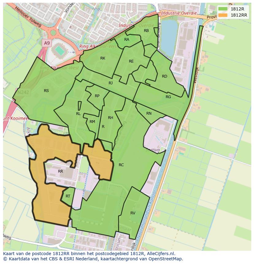Afbeelding van het postcodegebied 1812 RR op de kaart.