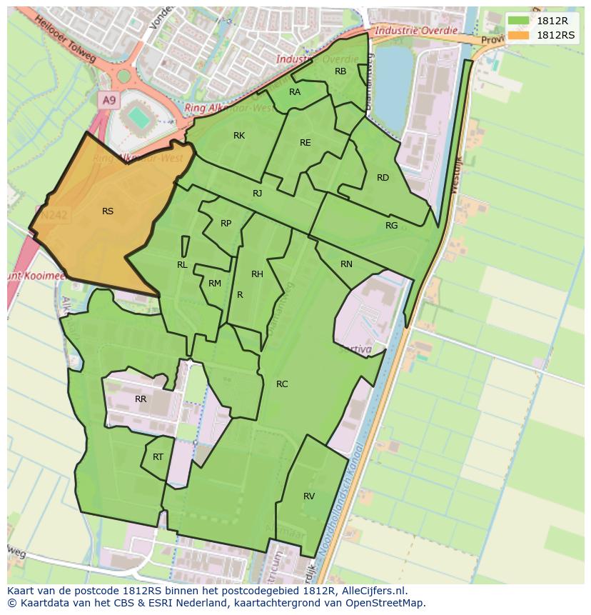 Afbeelding van het postcodegebied 1812 RS op de kaart.