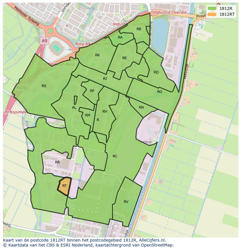 Afbeelding van het postcodegebied 1812 RT op de kaart.