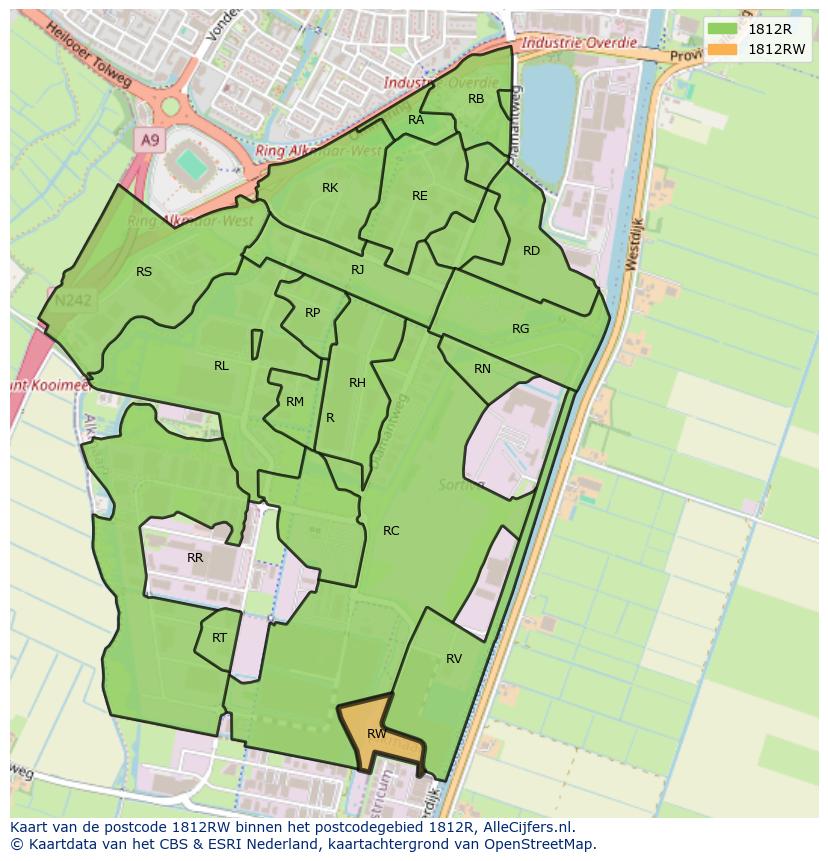 Afbeelding van het postcodegebied 1812 RW op de kaart.