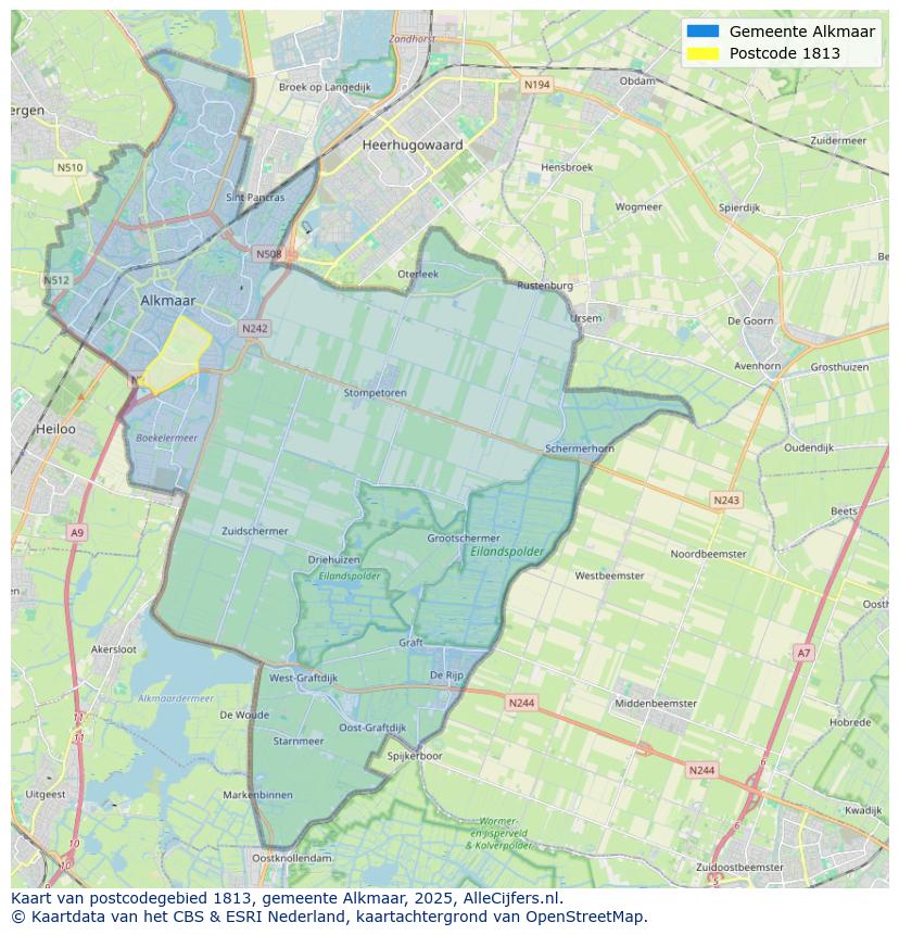 Afbeelding van het postcodegebied 1813 op de kaart.