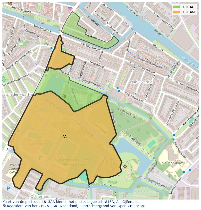 Afbeelding van het postcodegebied 1813 AA op de kaart.