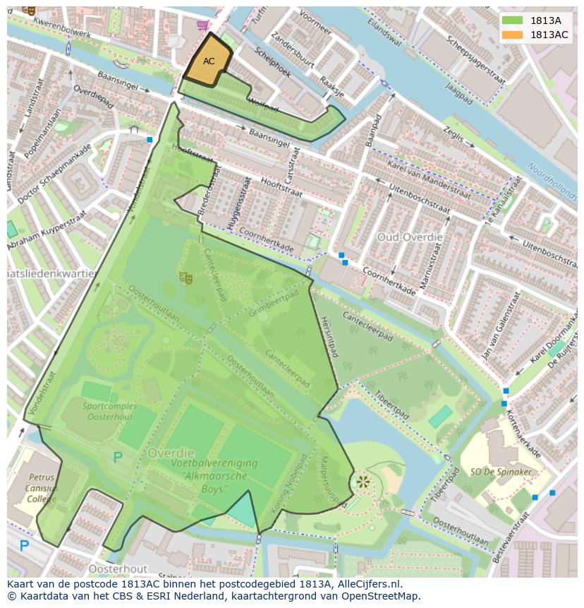 Afbeelding van het postcodegebied 1813 AC op de kaart.