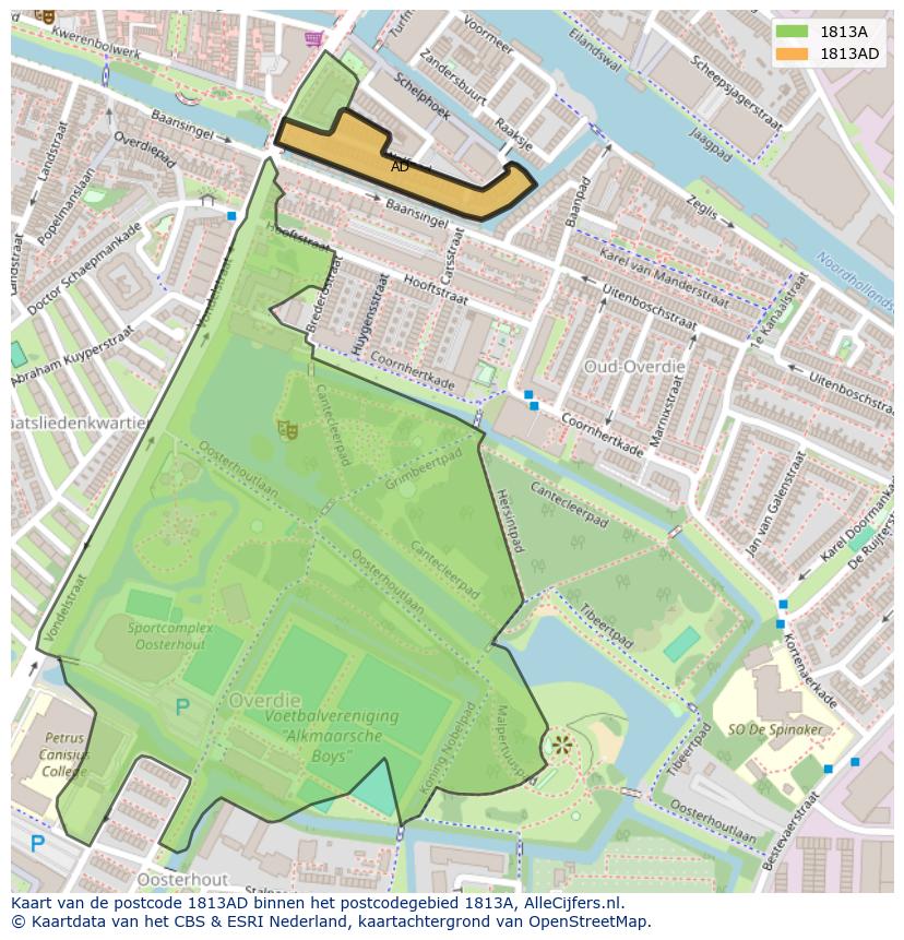 Afbeelding van het postcodegebied 1813 AD op de kaart.