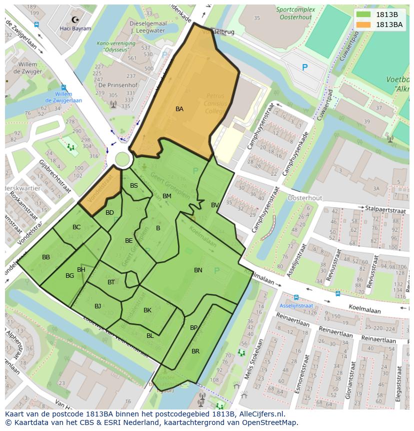 Afbeelding van het postcodegebied 1813 BA op de kaart.