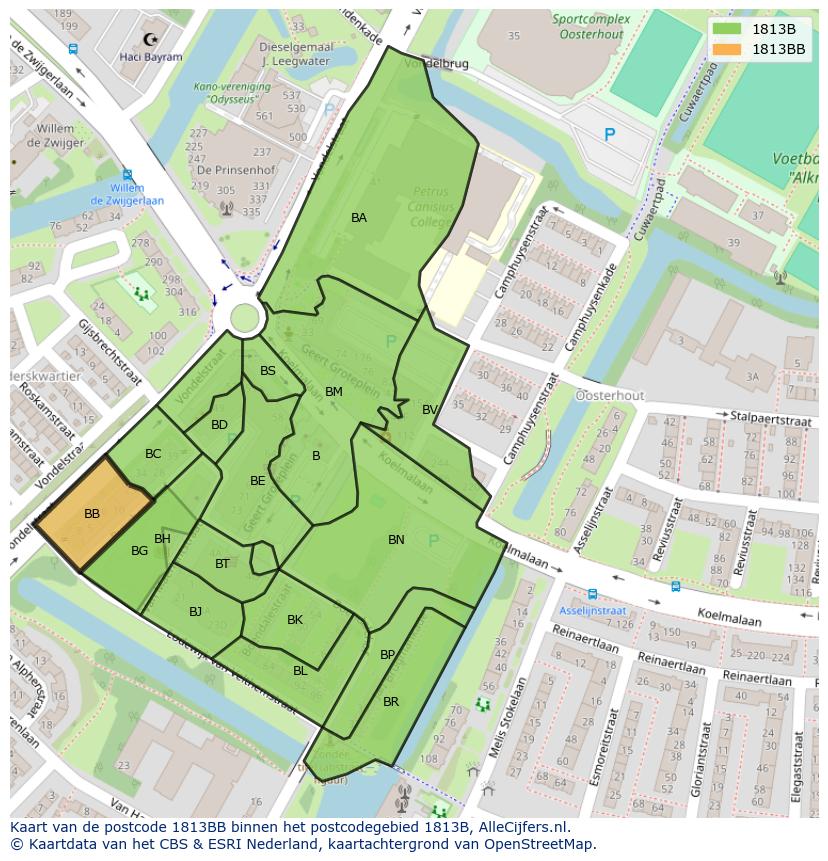 Afbeelding van het postcodegebied 1813 BB op de kaart.