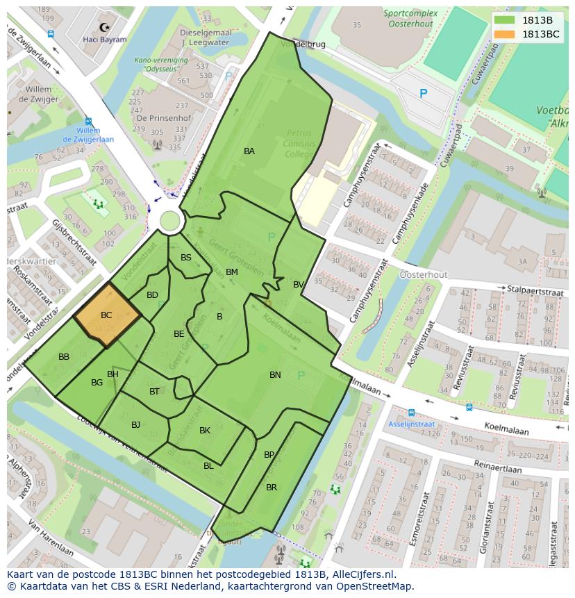 Afbeelding van het postcodegebied 1813 BC op de kaart.