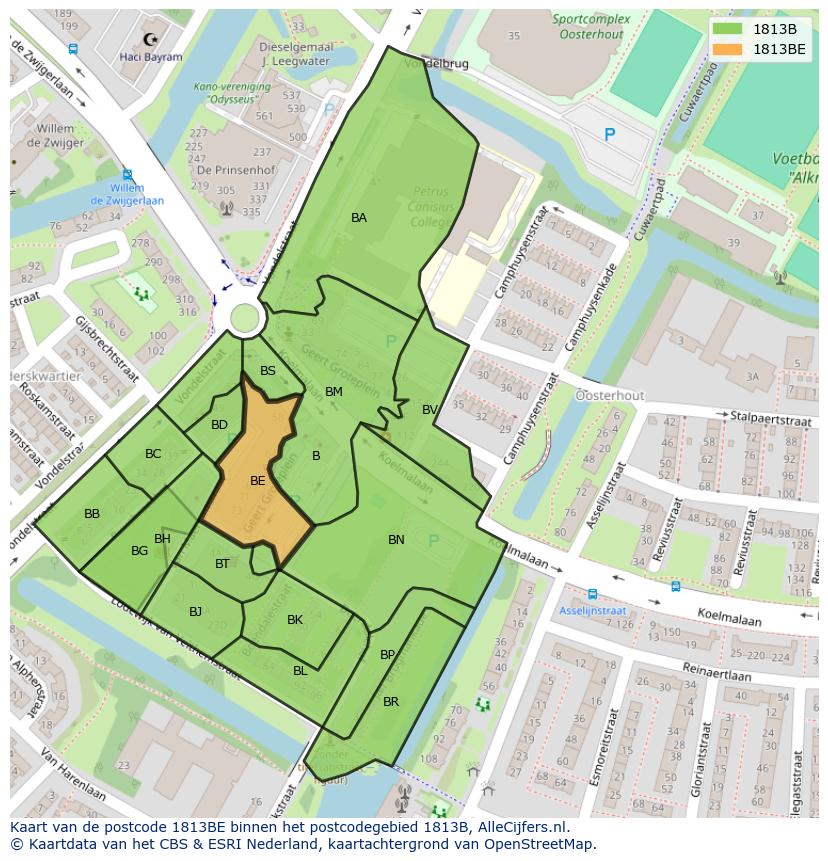 Afbeelding van het postcodegebied 1813 BE op de kaart.
