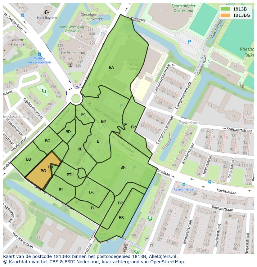 Afbeelding van het postcodegebied 1813 BG op de kaart.