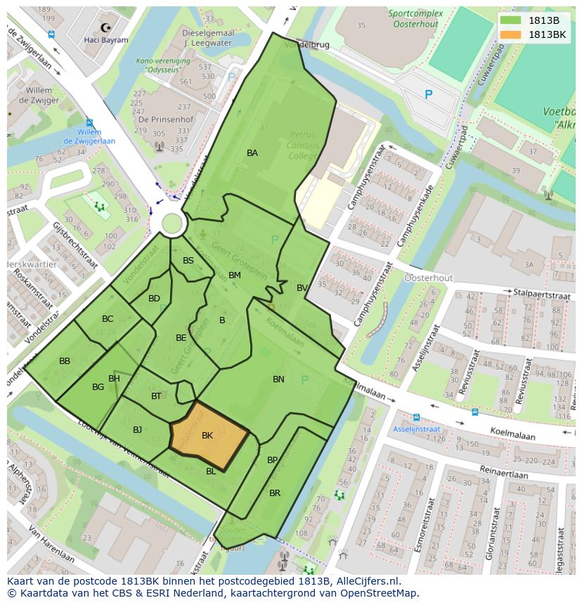 Afbeelding van het postcodegebied 1813 BK op de kaart.