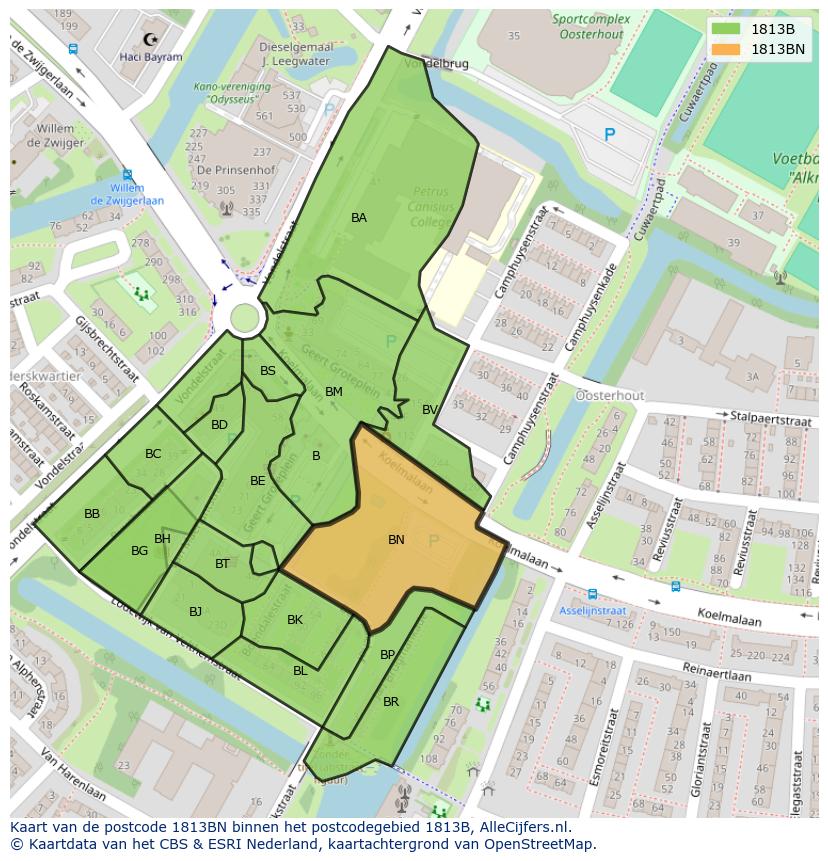 Afbeelding van het postcodegebied 1813 BN op de kaart.