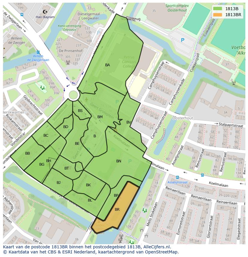 Afbeelding van het postcodegebied 1813 BR op de kaart.