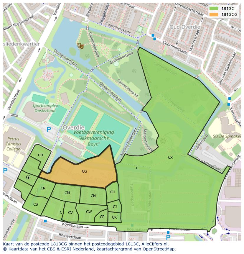 Afbeelding van het postcodegebied 1813 CG op de kaart.
