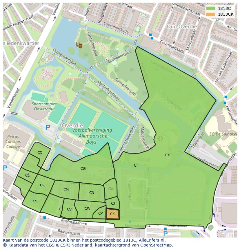 Afbeelding van het postcodegebied 1813 CK op de kaart.