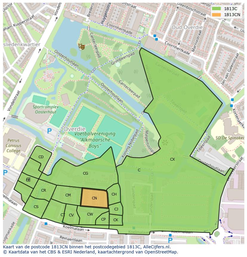 Afbeelding van het postcodegebied 1813 CN op de kaart.