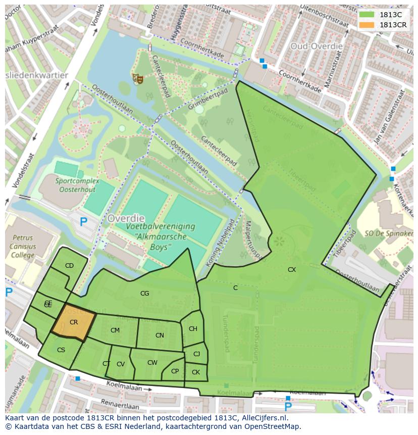 Afbeelding van het postcodegebied 1813 CR op de kaart.