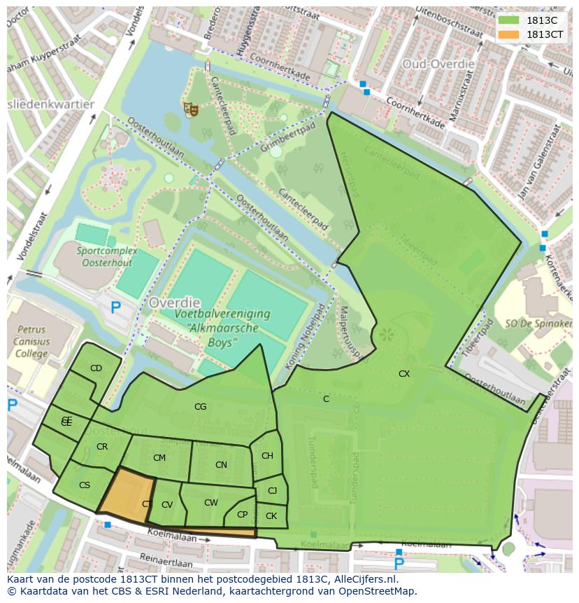Afbeelding van het postcodegebied 1813 CT op de kaart.