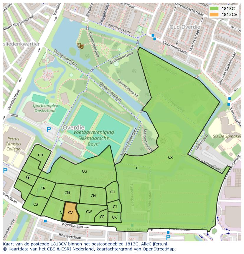 Afbeelding van het postcodegebied 1813 CV op de kaart.