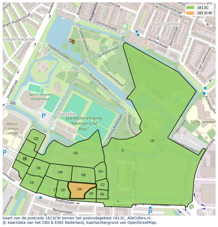 Afbeelding van het postcodegebied 1813 CW op de kaart.