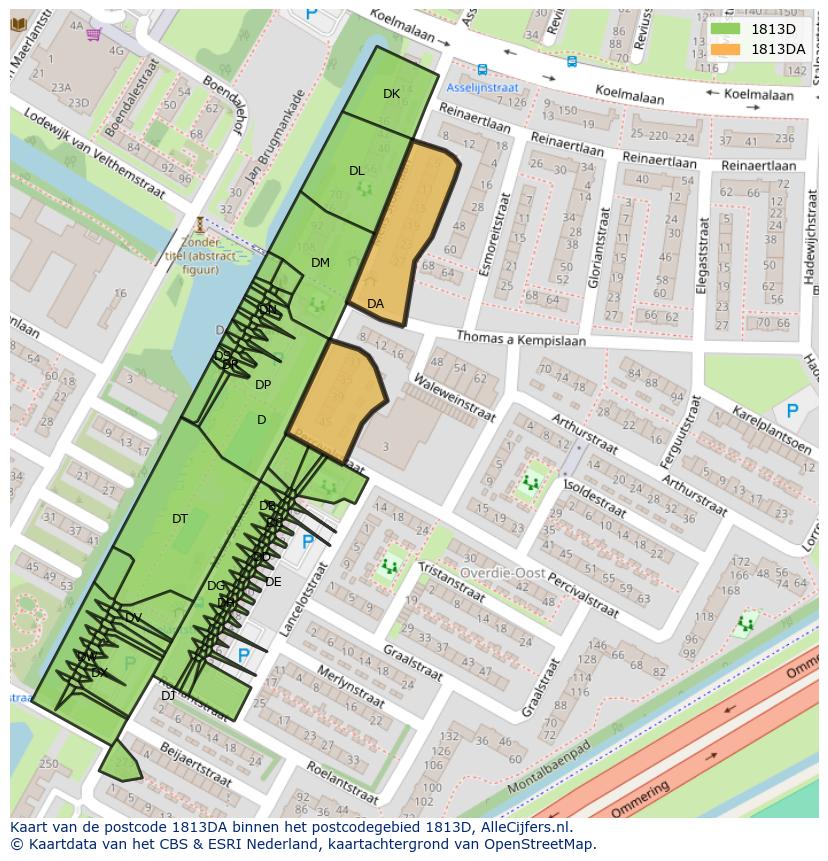 Afbeelding van het postcodegebied 1813 DA op de kaart.
