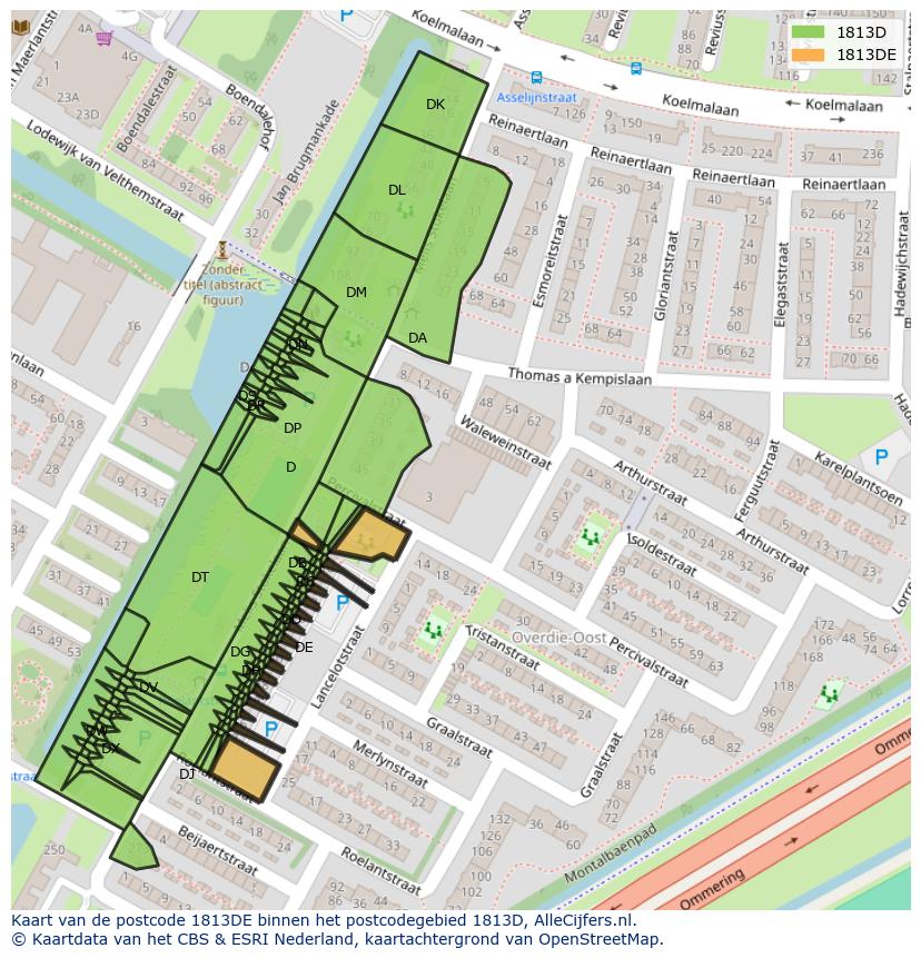 Afbeelding van het postcodegebied 1813 DE op de kaart.
