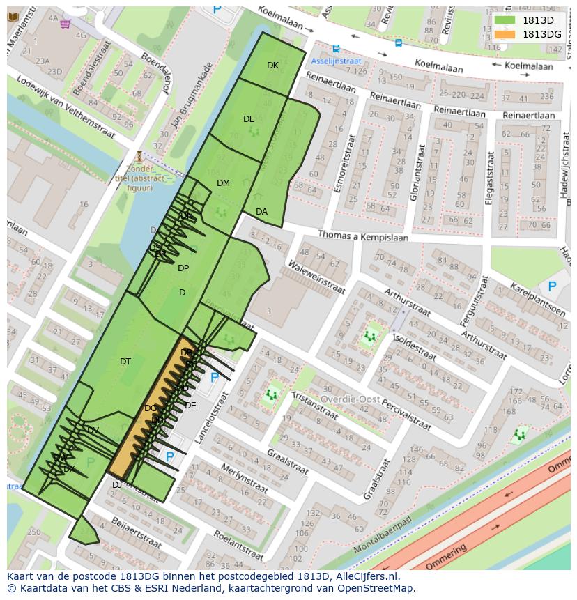 Afbeelding van het postcodegebied 1813 DG op de kaart.