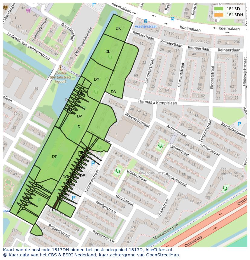 Afbeelding van het postcodegebied 1813 DH op de kaart.