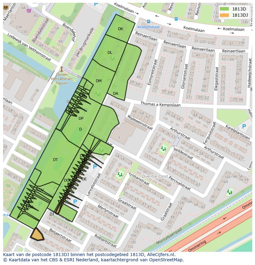 Afbeelding van het postcodegebied 1813 DJ op de kaart.