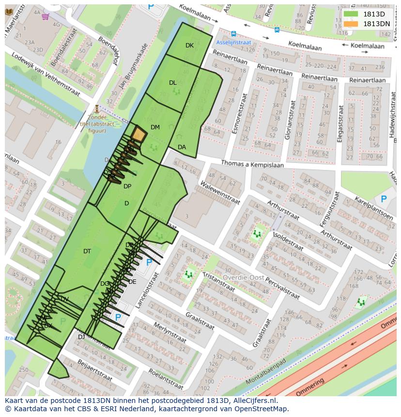 Afbeelding van het postcodegebied 1813 DN op de kaart.